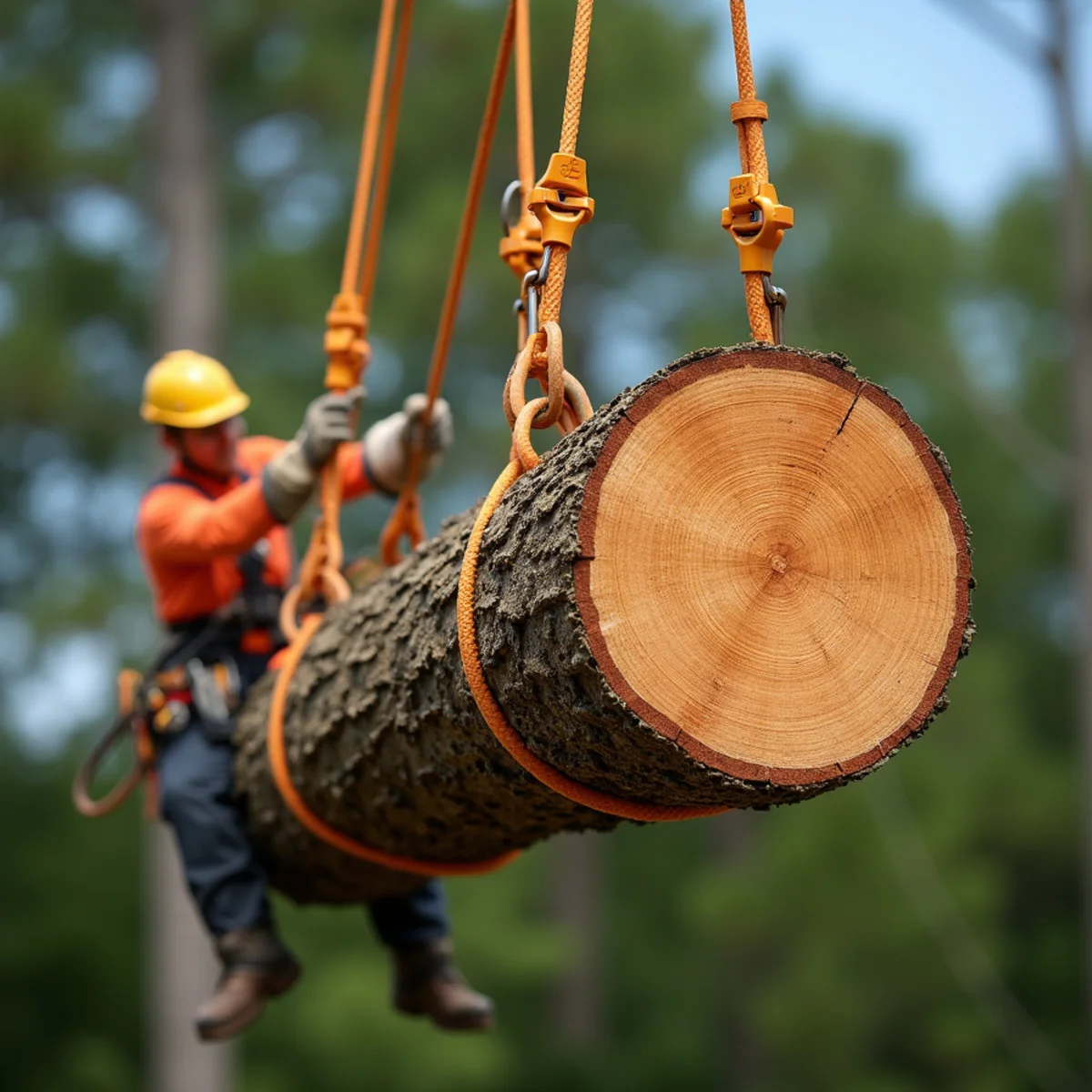 Hydraulic crane hoisting massive tree canopy section cleanly over waterfront home