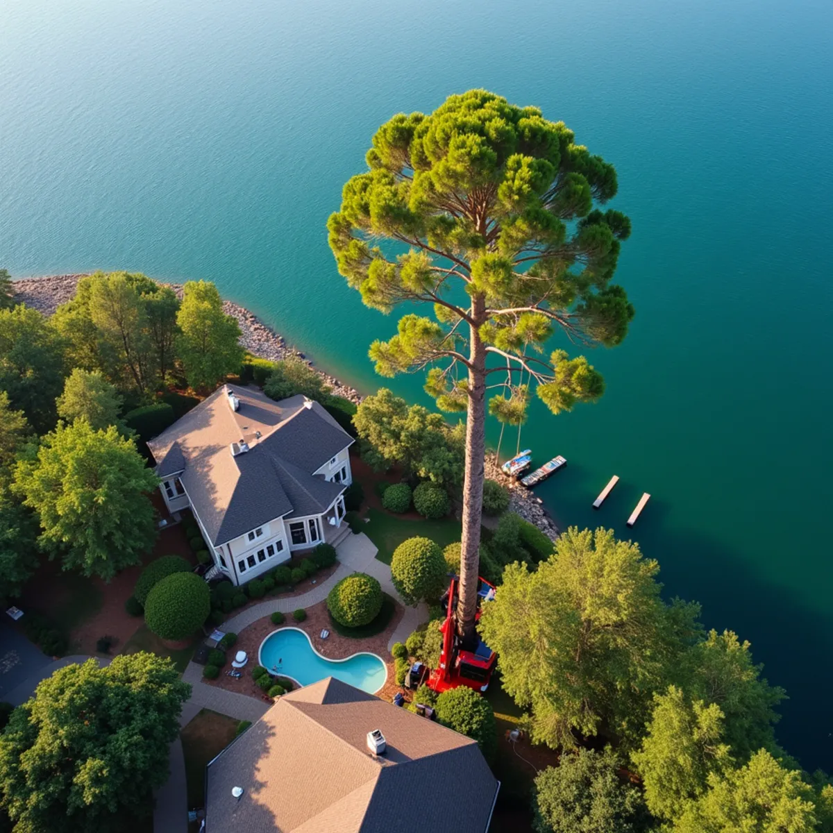 Mobile crane lifting a huge tree canopy section over a lakeside house roof