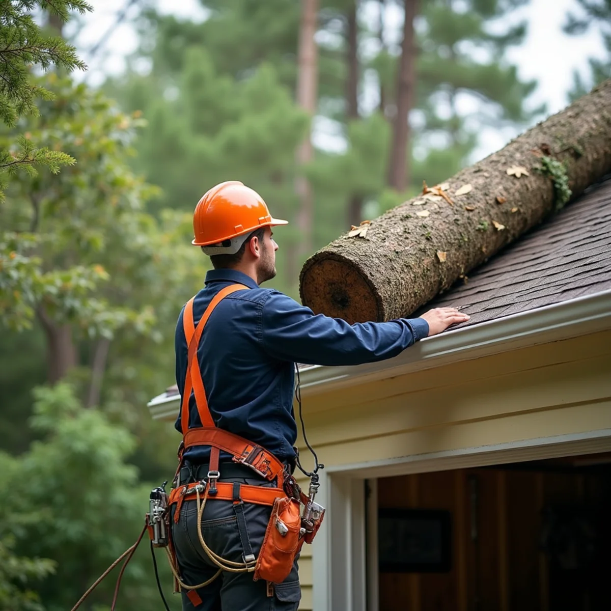 Homeowner documenting fallen tree damage with smartphone camera for insurance adjuster