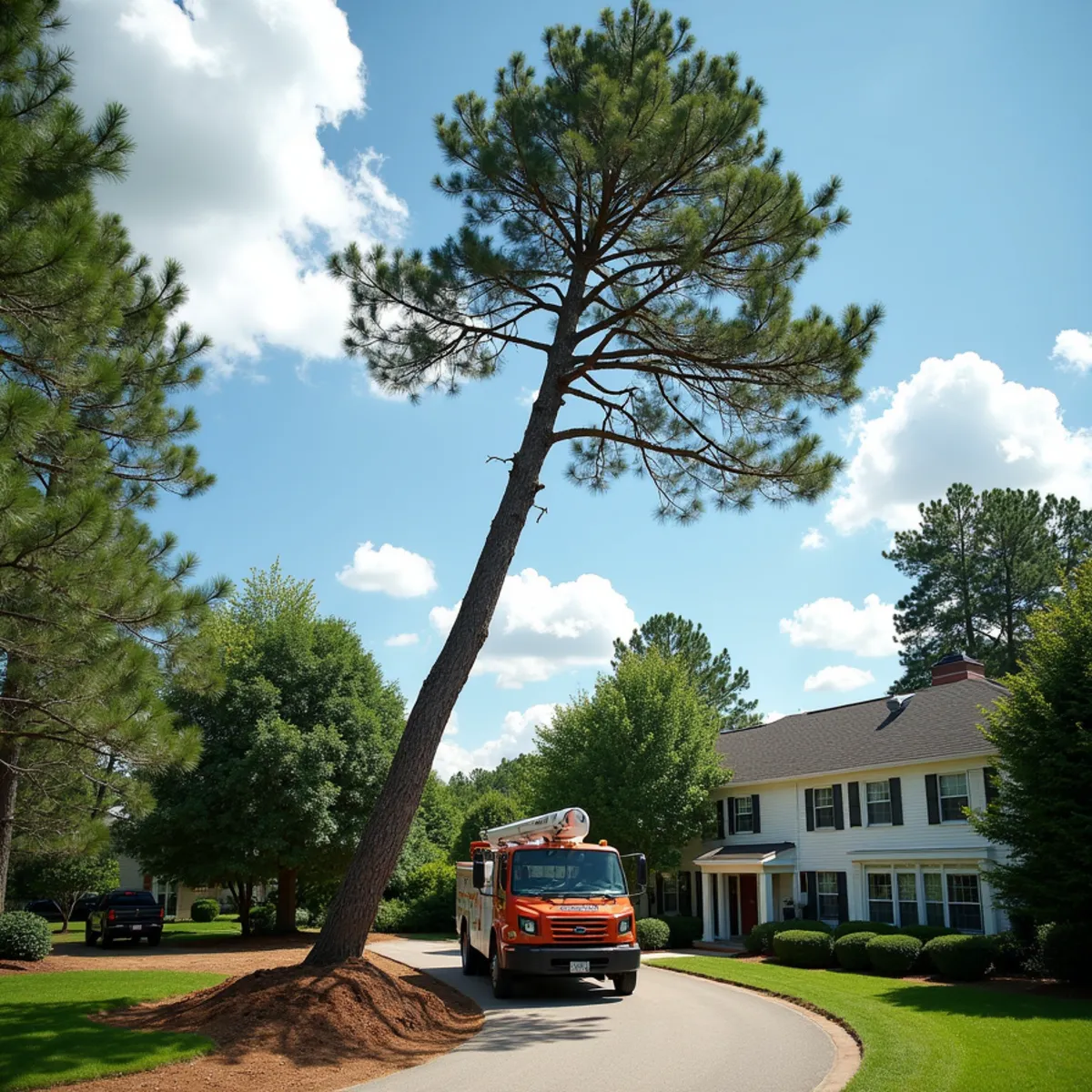 Close-up of heaved red clay soil and lifting root plate at base of leaning pine tree