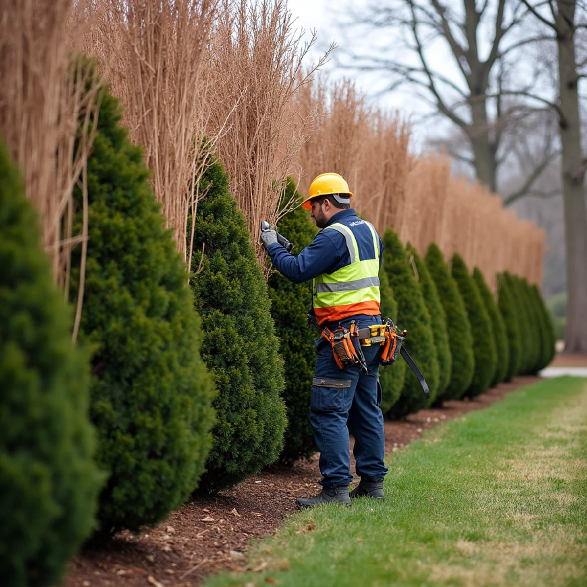 Row of tall Leyland cypress privacy hedge trees showing interior browning and needle drop