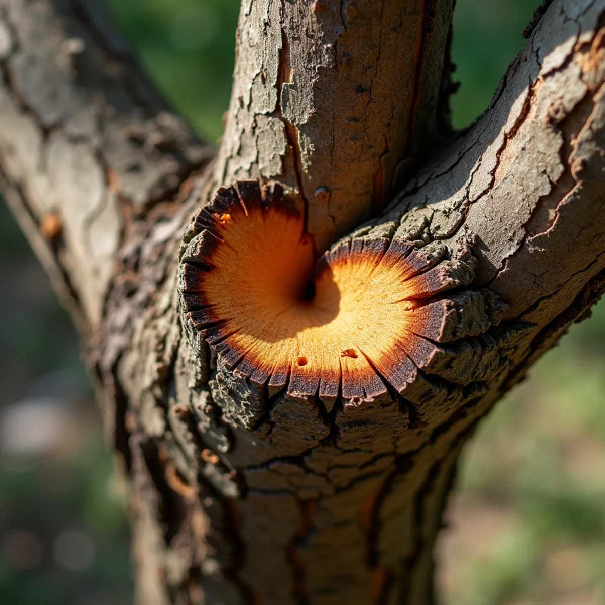 V-shaped co-dominant trunk union with included bark prone to storm splitting