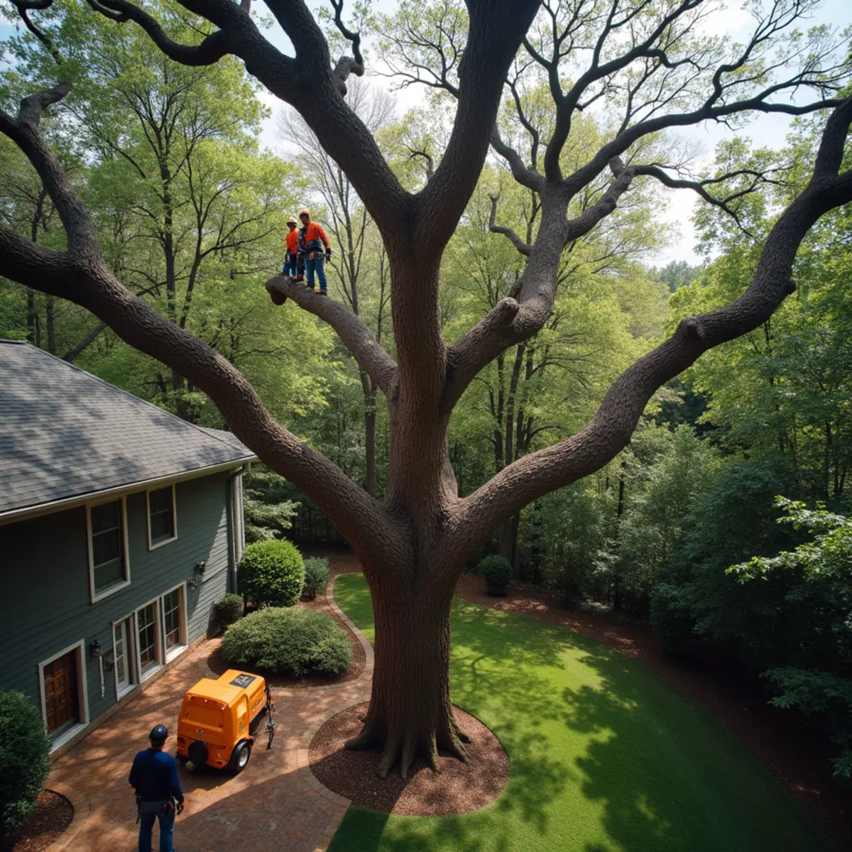 Large deadwood branch hanging precariously in upper hardwood canopy