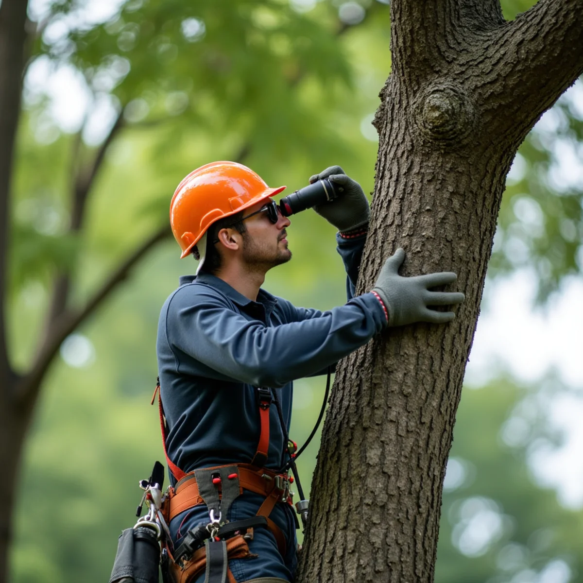 Tree inspector examining tree trunk hollow and branch unions with rubber mallet
