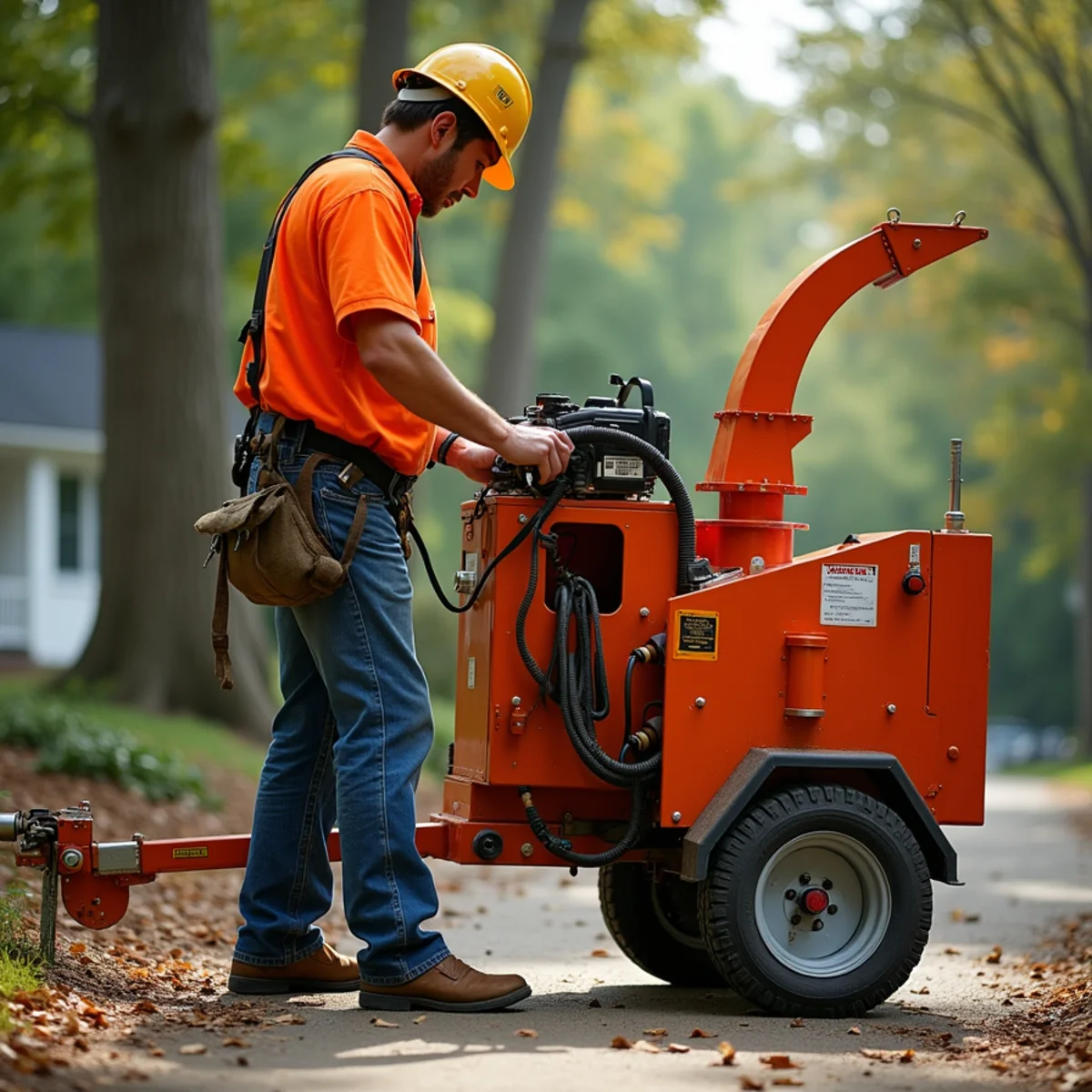 High-horsepower commercial wood chipper feeding branches into chip truck