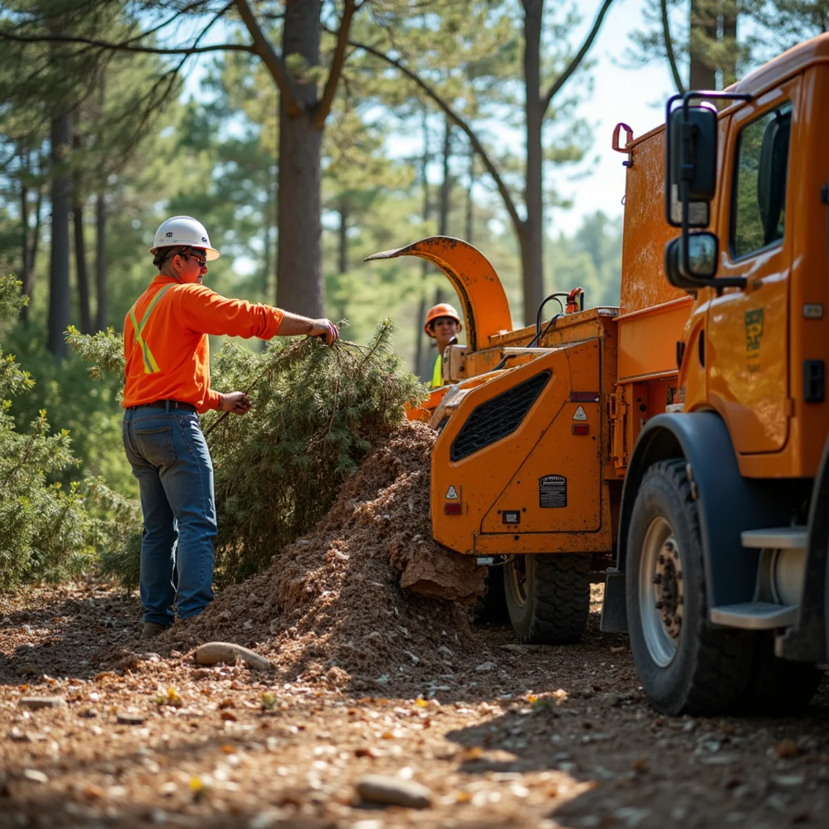 Commercial wood chipper processing large brush piles into organic wood chips in Mooresville NC