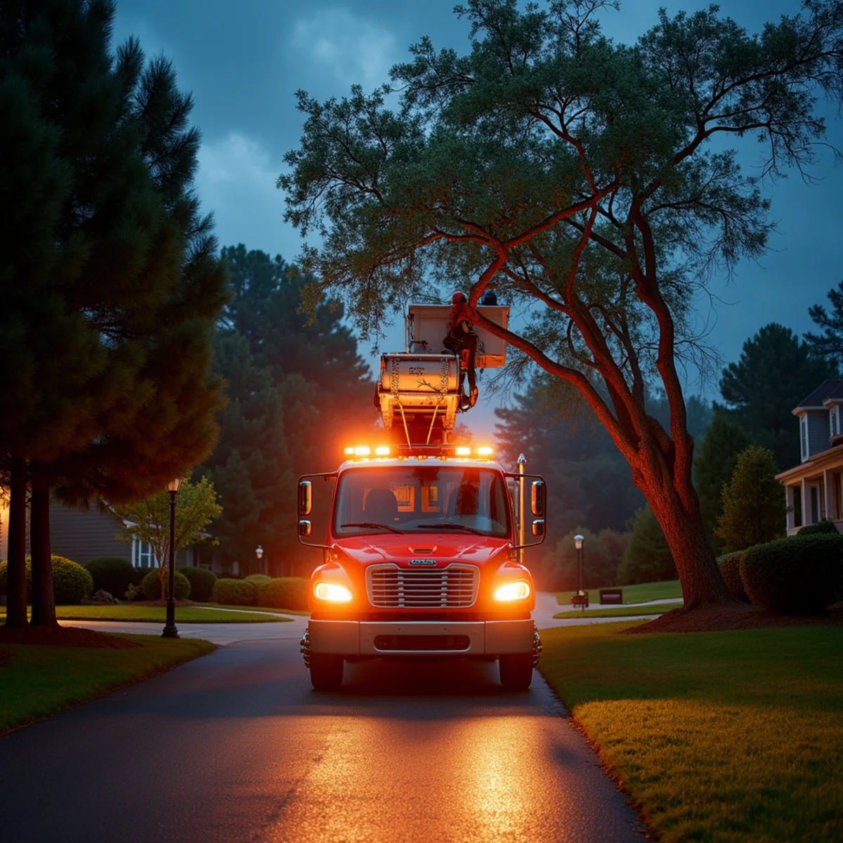 24/7 emergency tree service crew working under floodlights clearing storm debris