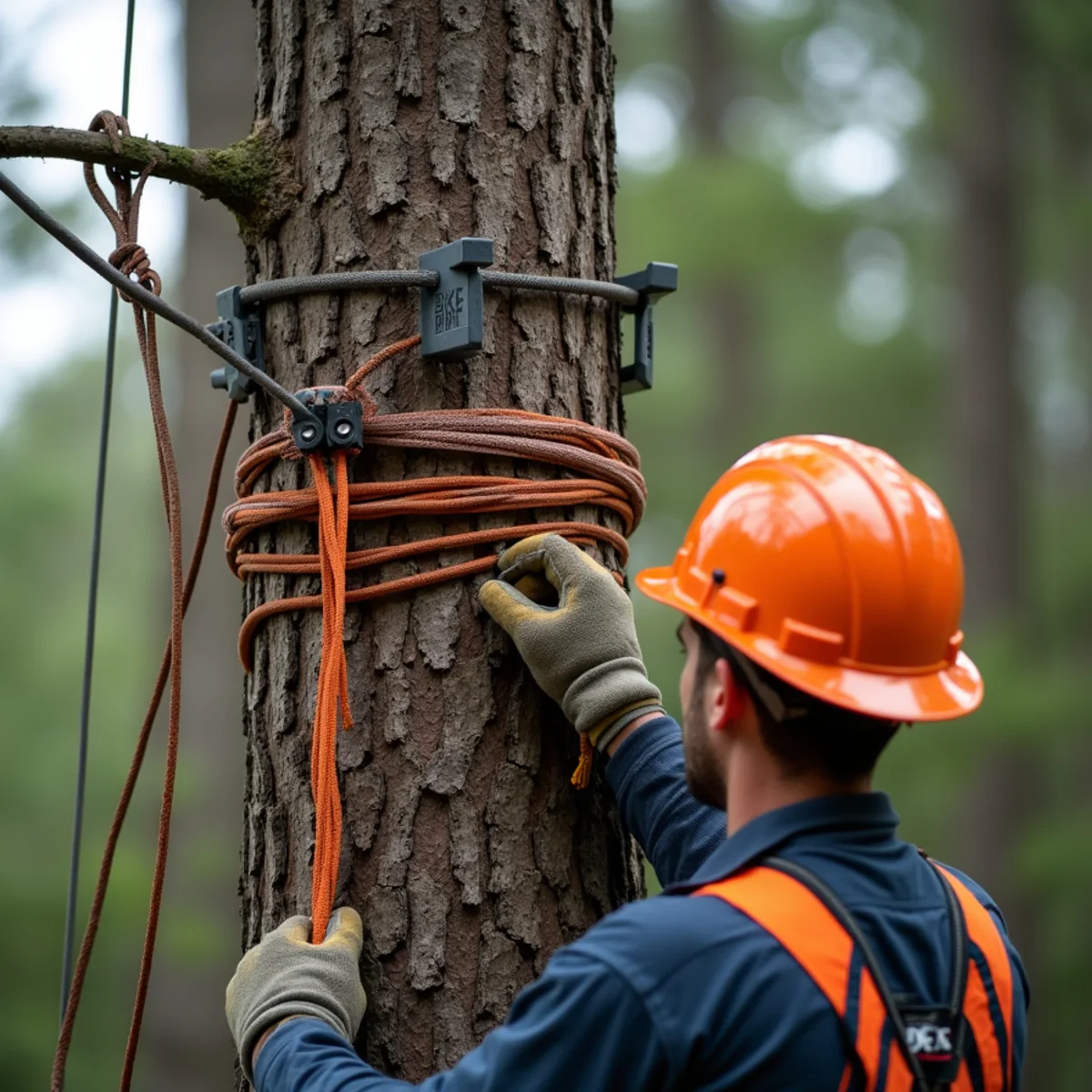 Heavy arborist bull ropes rigging leaning loblolly pine near dock in Mooresville