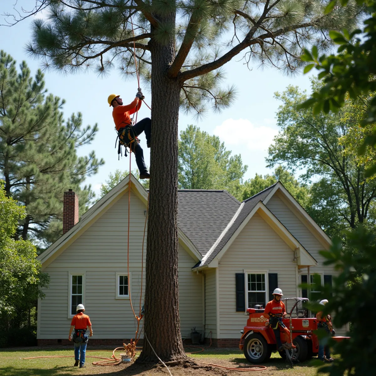 Rigged sectional removal of a dead leaning pine tree threatening a waterfront dock in Mooresville NC