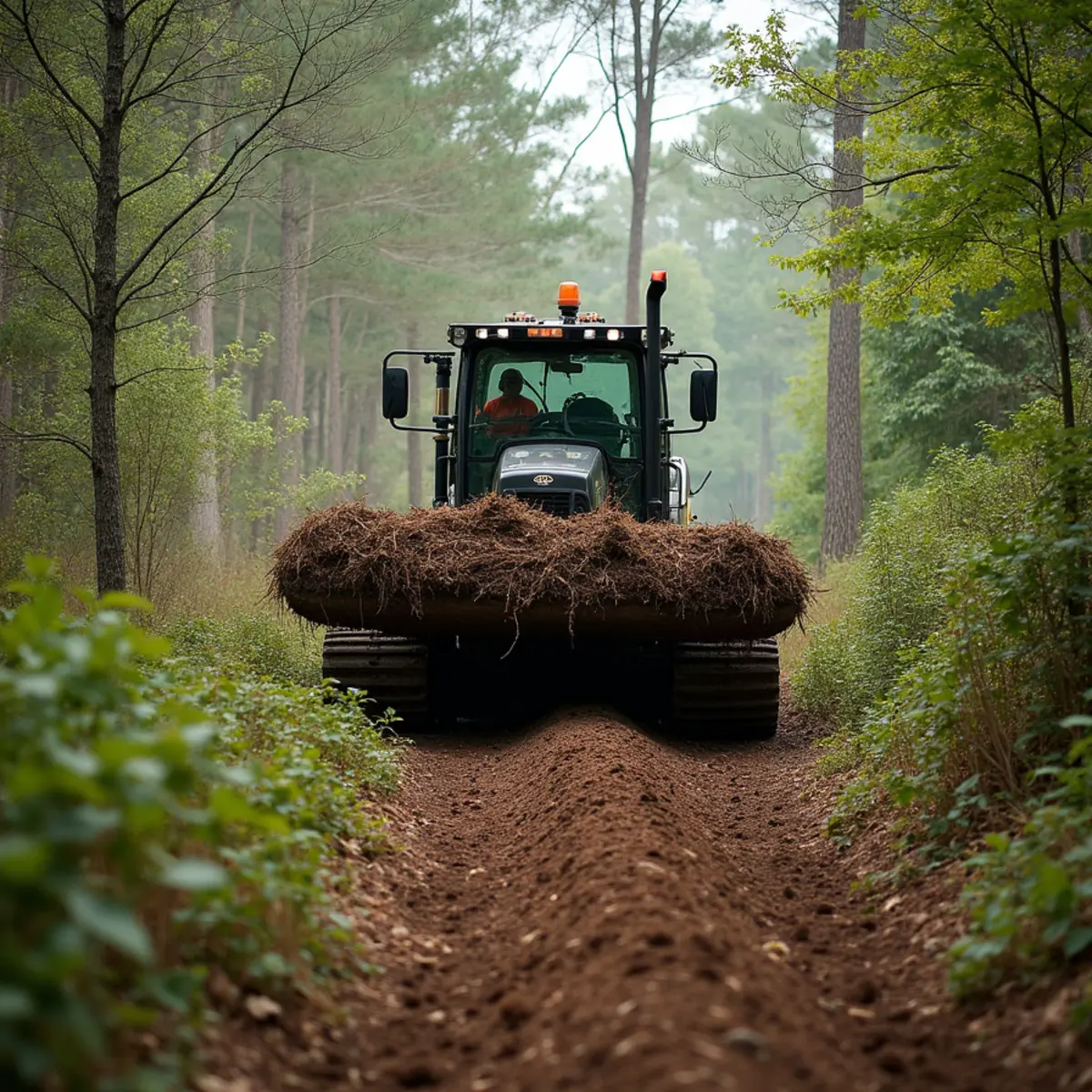 Forestry mulcher and excavator clearing overgrown underbrush on an Iredell County building lot