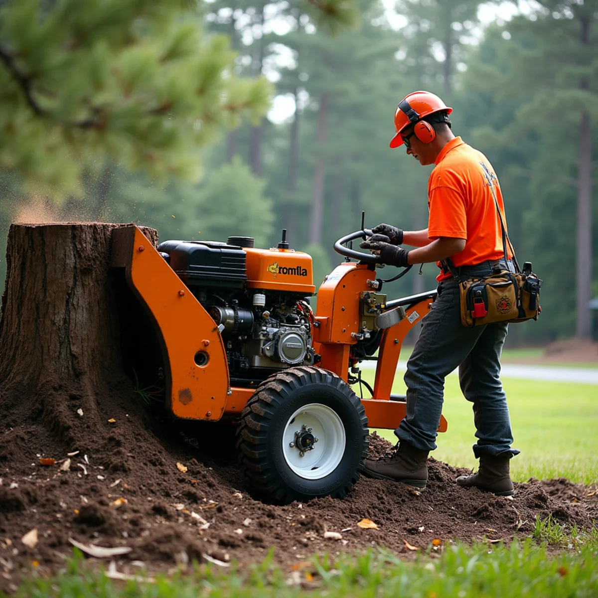 Heavy-duty commercial stump grinder grinding large pine stump below grade in a Lake Norman backyard