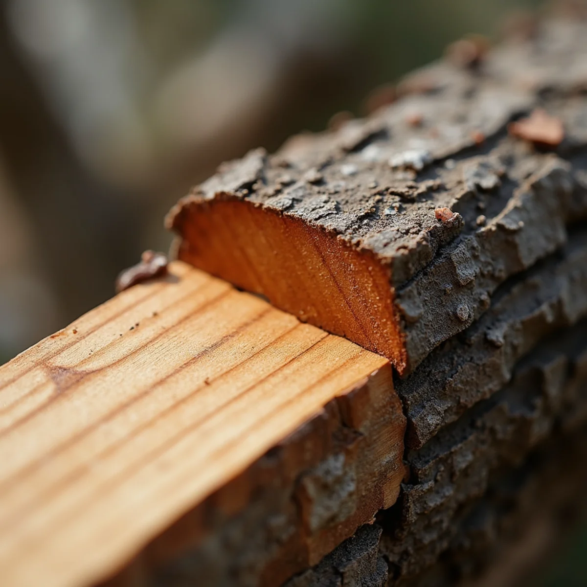 Precision open-face directional felling notch cut into pine trunk