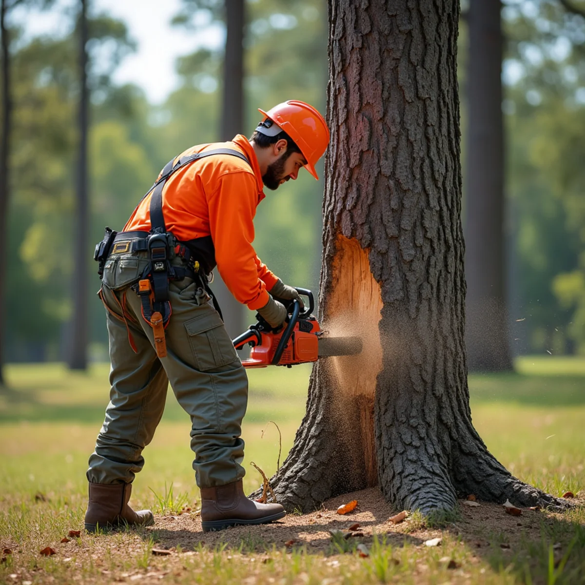 Precision tree cutting notch and directional felling in an open Mooresville NC property