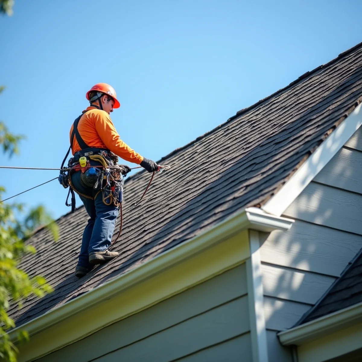 Certified tree trimmer establishing 10-foot roofline clearance over shingles